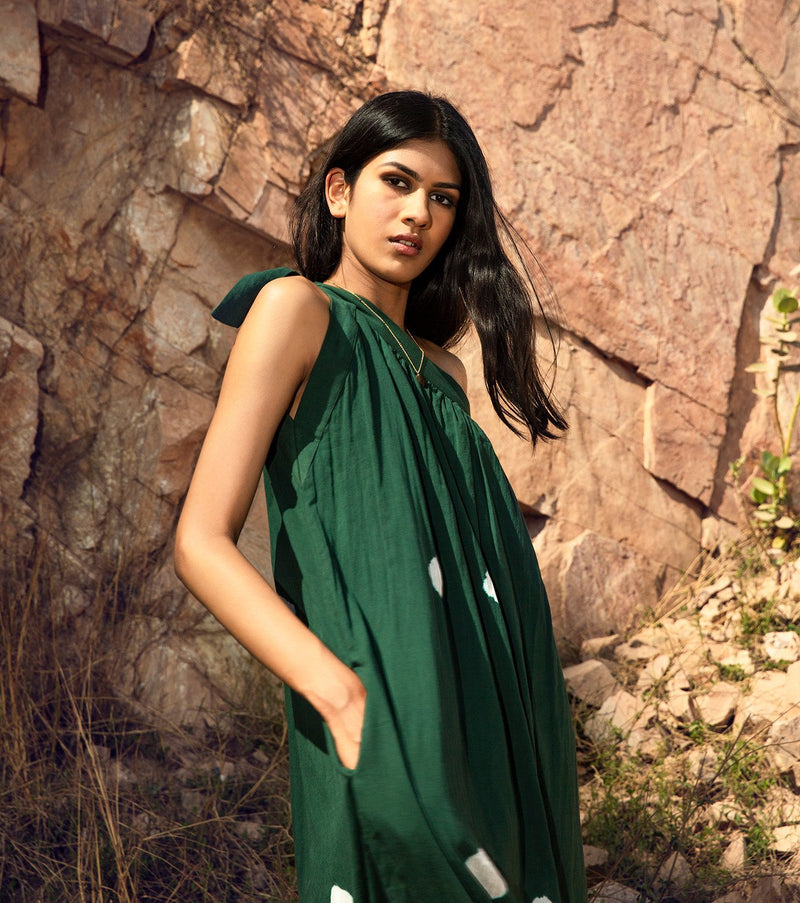 Khara Kapas   I   KharaKapas I One Shoulder Tie Up Deep Green Dress  I  32 Days Of Summer - Shop Cult Modern