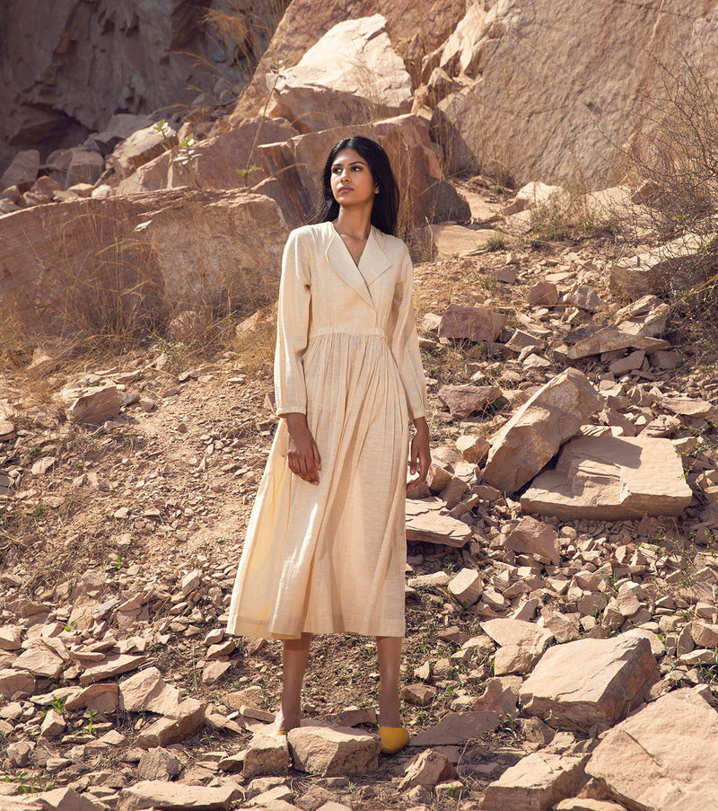KharaKapas I Yellow-White Striped Long Dress With Lapel  I  32 Days Of Summer - Shop Cult Modern