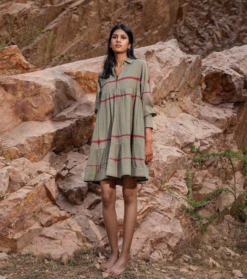 Khara Kapas   I   KharaKapas I Pickle Green Collared Shibori Tiered Dress  I  32 Days Of Summer - Shop Cult Modern