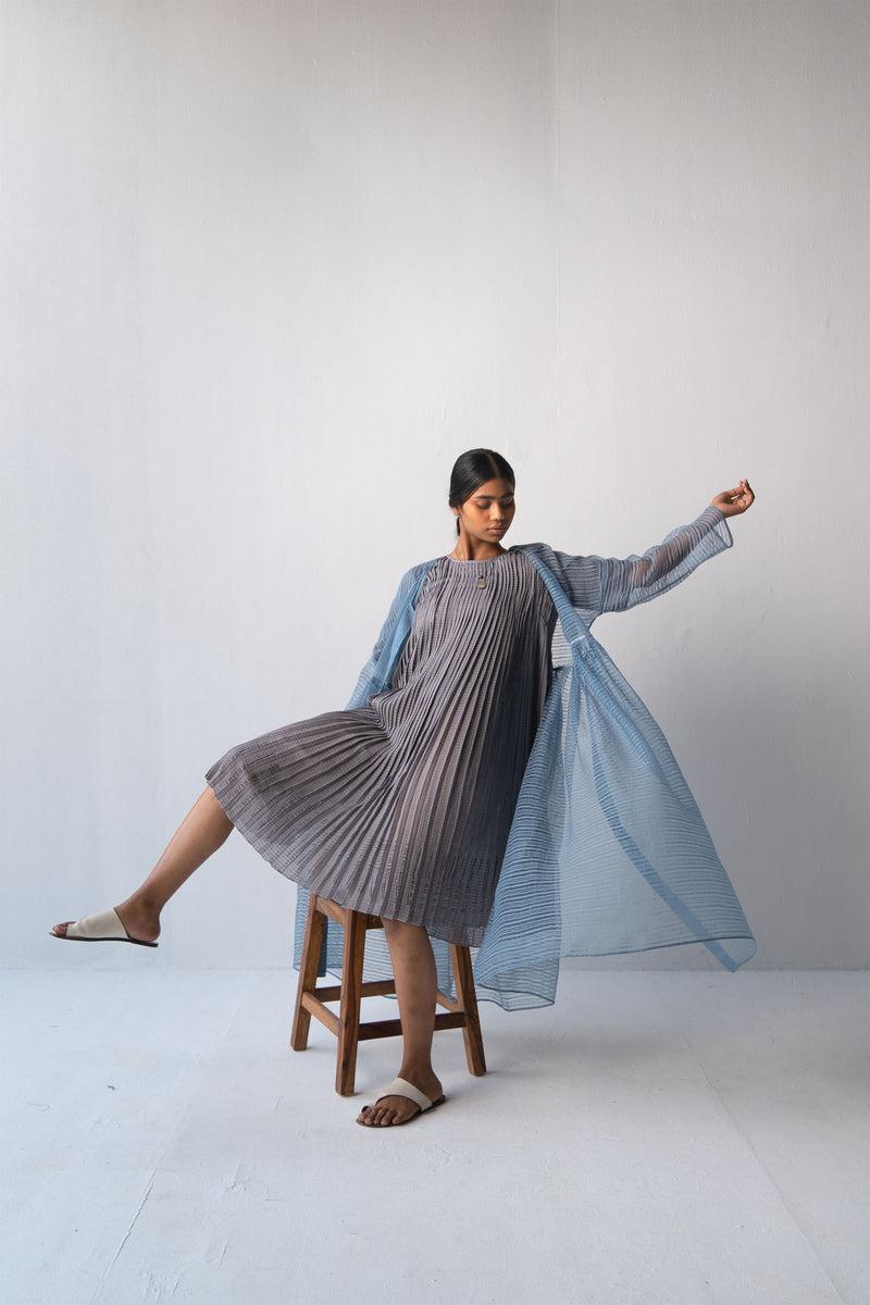 Urvashi Kaur   -   Pearl Grey Echo Dress Hand Block Printed Checkered With Kantha Details - Shop Cult Modern
