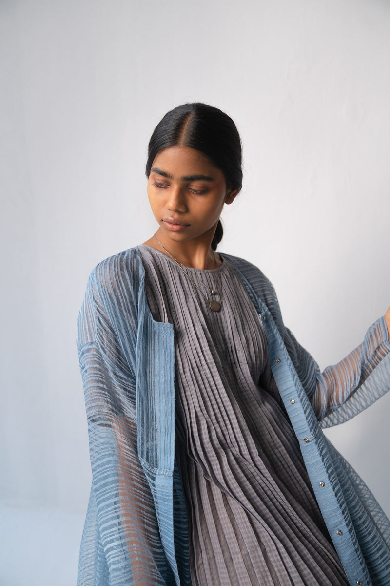Urvashi Kaur   -   Pearl Grey Echo Dress Hand Block Printed Checkered With Kantha Details - Shop Cult Modern
