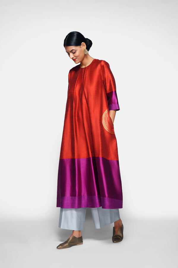 Handwoven Silk Kurta Dress With Brocade Detail - Shop Cult Modern