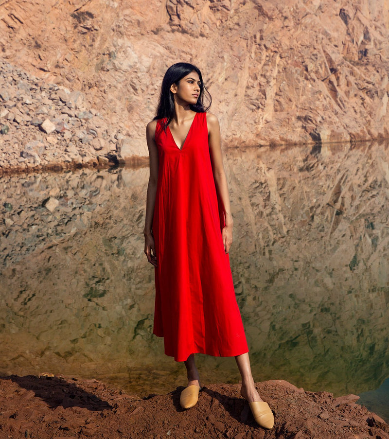 Khara Kapas   I   KharaKapas I Red | V Neck | A Line  Dress | 32 Days Of Summer - Shop Cult Modern