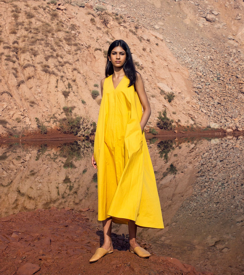 Khara Kapas   I   KharaKapas I Sunshine Yellow | V Neck | A Line  Dress  I  32 Days Of Summer - Shop Cult Modern