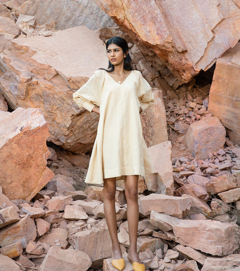 KharaKapas I V Neckline Yellow-White Striped Tent Dress  I  32 Days Of Summer - Shop Cult Modern
