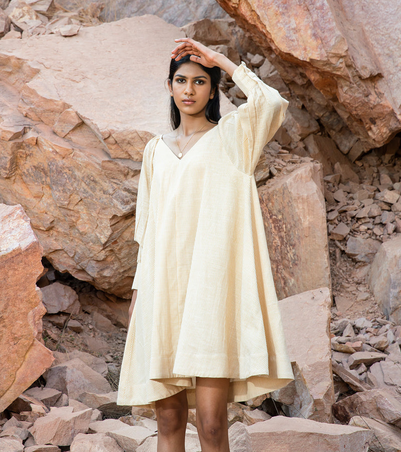 KharaKapas I V Neckline Yellow-White Striped Tent Dress  I  32 Days Of Summer - Shop Cult Modern